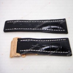 24mm Breitling Replica Watch Bands / Black Real Leather  Rose Gold Clasp