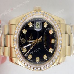 Rolex Datejust Replica Watch  Gold Presidential Band Diamond Bezel Black Face