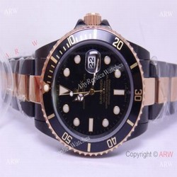 Solid Black Rolex Submariner 2 Tone Rose Gold Bracelet Men Watch