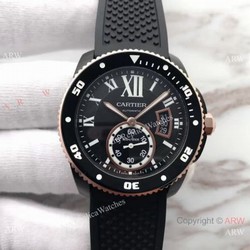 Swiss Fake Calibre De Cartier Diver watch Black PVD Case Rose Gold Fluted Bezel