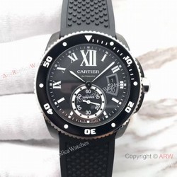 Swiss Replica Calibre De Cartier Diver Black PVD Watch Silver Fluted Bezel