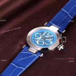 Best AAA Cartier Pasha Copy Watch SS Blue Dial Blue Leather 28mm