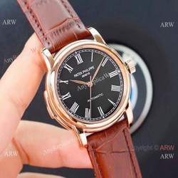Clone Patek Philippe Calatrava Rose Gold Black Roman watch Simple Style