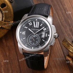 Replica Cartier Calibre de Cartier Men Watches SS Black Leather Strap