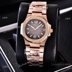 Copy Patek Philippe Nautilus Womens Rose Gold and Diamond 35mm watch Swiss Quality
