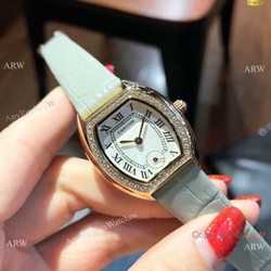 Low Price Cartier Rose Gold Gray Leather Band Ladies Watch 26mm
