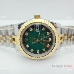 Replica Diamond Rolex Datejust 2-Tone Green Face Watch 31mm Ladies
