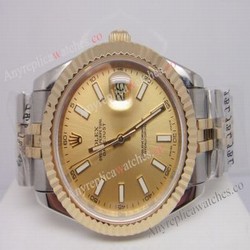 (EW) Clone Swiss ETA3255 Replica Rolex Datejust II Watch 2-Tone Jubilee Band Gold Dial 41mm