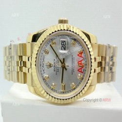 High Quality Replica Diamond Rolex Day Date 34mm Watch  Yellow Gold Jubilee Silver Dial