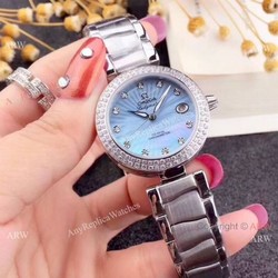 Omega Replica Watches  De Ville Ladymatic SS Blue MOP Dial Diamond Bezel Ladies Watch