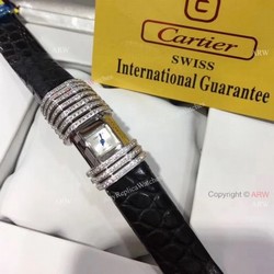 Cartier Small Silver Dial With Diamonds Replica Watches  Black Leather Band