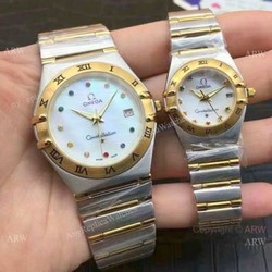 Replica Omega Constellation Quartz Watch  Two Tone White MOP Face Omega Couple Watch