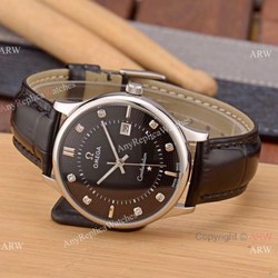 New Replica Omega Constellation 41mm Watch SS Black Leather Strap