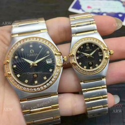 Replica Omega Constellation Diamond Bezel Two Tone Omega Couple Watch