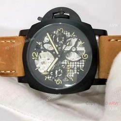 Best Quality Panerai Black Hollow Watch 47mm Brown Leather Strap