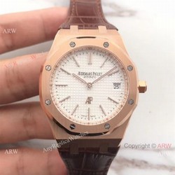 New Style Replica Audemars Piguet Extra Thin Watch Brown Leather Strap White Dial