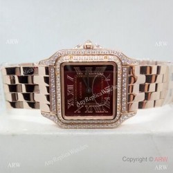 Panthere De Cartier Replica Watches Rose Gold Dark Red Dial