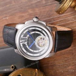 AAA Quality Cartier Calibre De Watches Black Dial Leather Strap