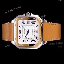 2018 New Santos De Cartier Watch Collection  Cartier Santos Brown Leather Strap White Roman Dial Watches