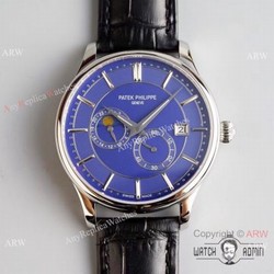 Swiss Grade 1 Patek Philippe Moonphase Replica Wristwatch Blue Dial Black Leather Strap