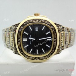 2019 Copy Patek Philippe Engraving Nautilus Watches  Yellow Gold Black Dial
