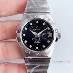 VSF Swiss Replica Omega Constellation Stainless Steel Black Diamond Watch