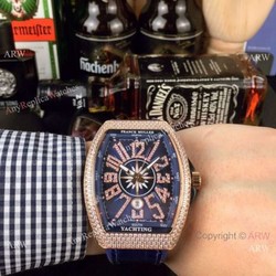 Swiss Copy Franck Muller Iced Out Rose Gold Blue Dial Watch  Vanguard Yachting V45 Collection