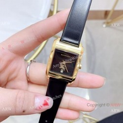 Copy Burberry 25mm women Watches Gold Case Black Leather Band