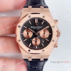 Super Clone Audemars Piguet Royal Oak Rose Gold Black Leather Strap Watch  BF Factory