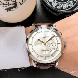 Best Copy Vacheron Constantin Chronograph Watch Silver Dial Black Leather strap