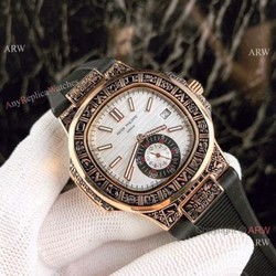 New Replica Patek Philippe Nautilus White Face Rose Gold Tattoo Rubber Strap Watch