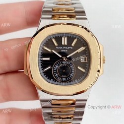 Highest Quality Copy Patek Philippe Nautilus Two Tone Black Watch  Swiss Grade 1