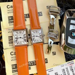 Cartier Solo Tank Quartz Watch  SS Orange Leather Band