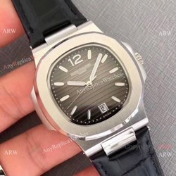 New Patek Philippe Nautilus Watch SS Gray Dial Black Leather Band