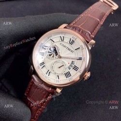 Copy Rotonde de Cartier Moonphase Watches Rose Gold Leather Strap
