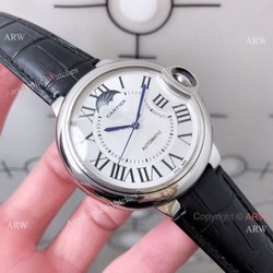 Copy Ballon Bleu de Cartier Moonphase Watch White Dial Black Leather Band