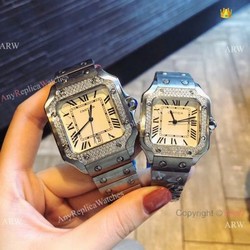 New Fake Cartier Santos 100 Diamond QUARTZ Watch Stainless Steel White Dial