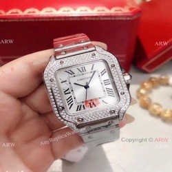 Fake Cartier Santos 100 Diamond Watch Stainless Steel Silver Roman Dial