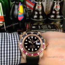 New Rolex Submariner Rose Gold Rubber Strap Watch Rainbow Bezel