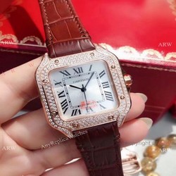 New Cartier Santos 100 Diamond Replica Watch Rose Gold Brown Leather Strap