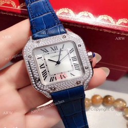 Cartier Santos 100 Diamond Replica Watch SS Diamond Case Blue Leather Strap