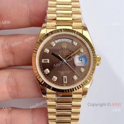 (EW Factory )Rolex Oyster Perpetual Day Date Fake Watch ETA3255 Gold President Brown Diamond Dial
