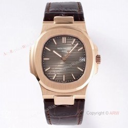 Swiss Patek Philippe Nautilus Rose Gold Grey Dial Brown Leather Strap Replica Watch