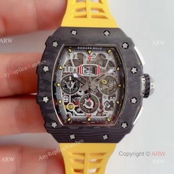 KV Factory V2 Upgraded Carbon Richard Mille RM011 Yellow Rubber Band Replica Watches For Sale