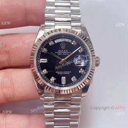 (EW)AAA Fake Rolex Presidential Day-Date Black Dial Stainless Steel Watch Swiss 3255 Movement