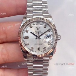 (EW)Swiss 3255 Rolex Oyster Perpetual Day Date Fake Watch 36mm Silver Diamond Dial President Strap