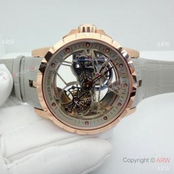Copy Roger Dubuis Excalibur Flying Tourbillon Watch Rose Gold Gray Leather Strap