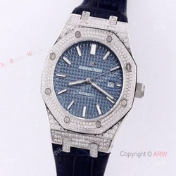 Swiss Replica Iced Out Audemars Piguet Royal Oak Blue Dial Watch  Blue Leather Strap