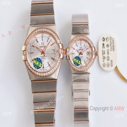 Swiss Quality Clone Omega Double Eagle Couple Watches  Silver Dial Diamond Bezel 38mm and 27mm