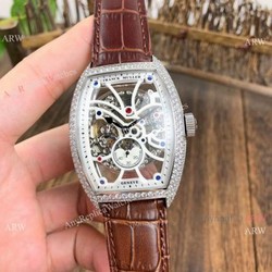 Knockoff Franck Muller Cintree Curvex Skeleton Watches SS Diamond Brown Leather Strap